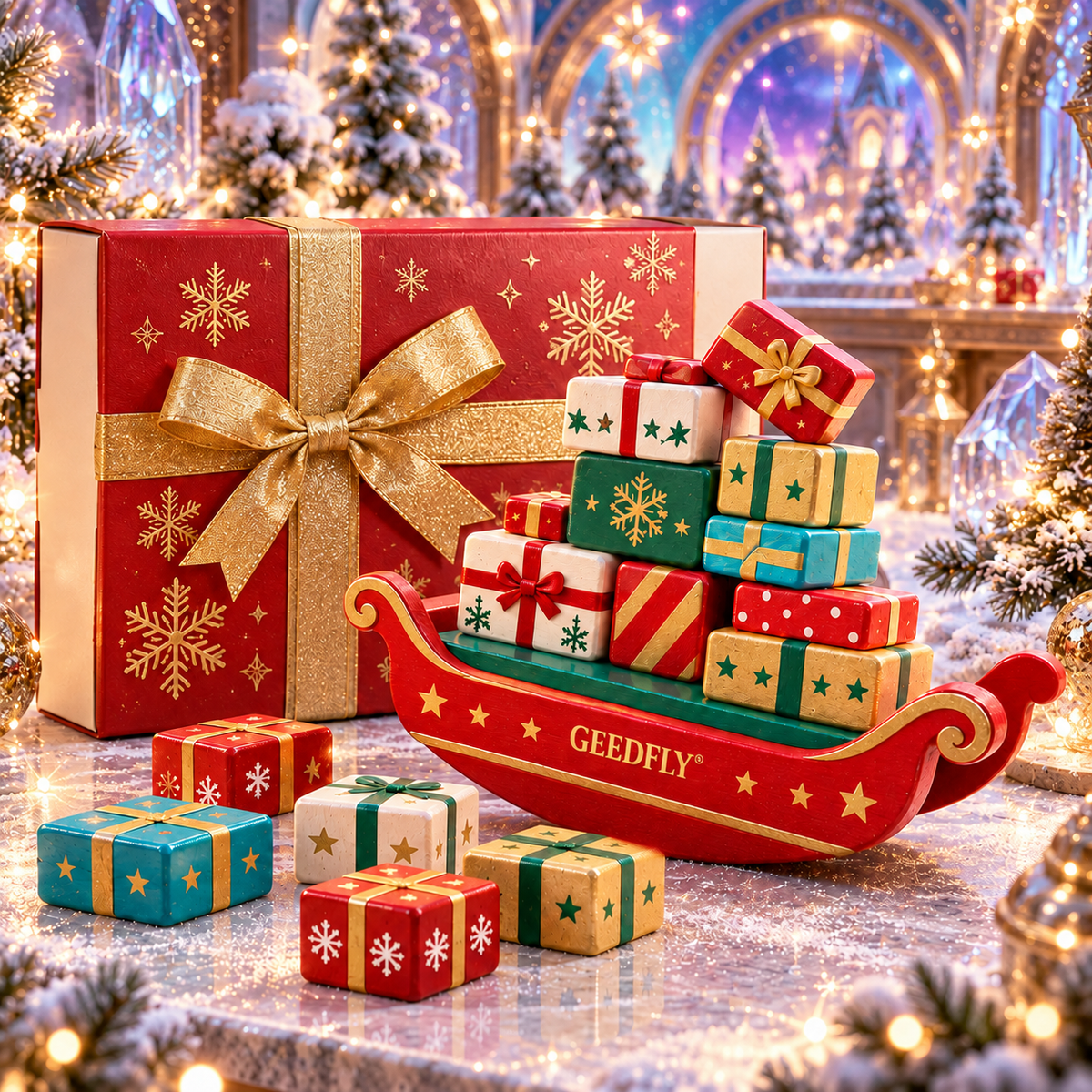 🎄🎲 GEEDFLY® JingleStack Pro Vánoční balanční hra pro celou rodinu – Veselé skládání dárků, napínavé souboje a nečekané pády | Stolní hra pro děti od 4 do 8 let a rodiče 🎁