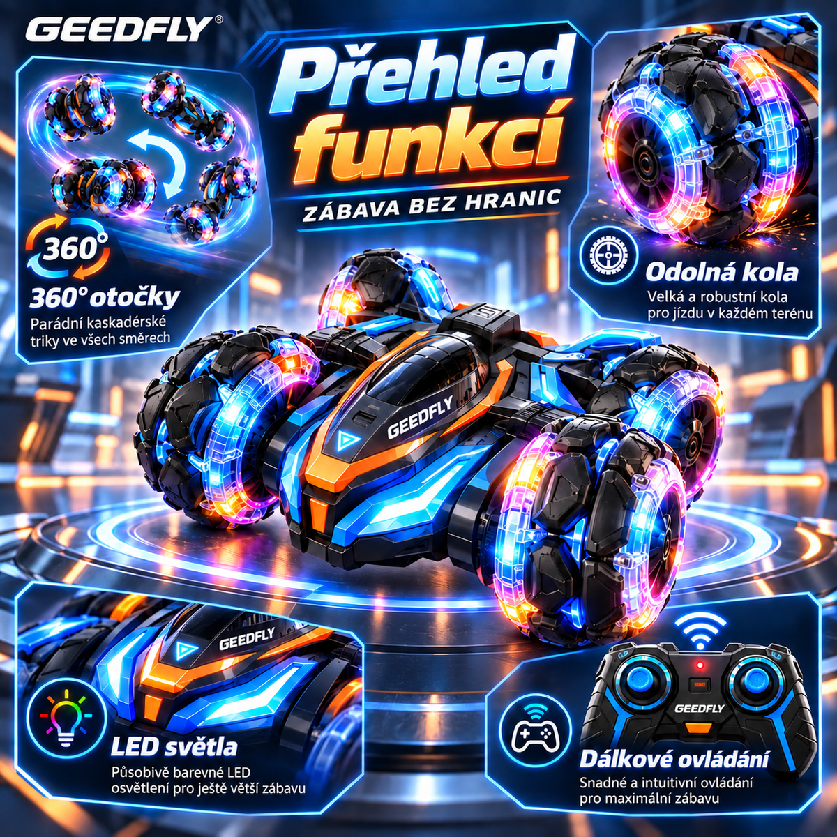 🚗✨ GEEDFLY® TurboAir Pro Létající Kaskadérské Auto – Multifunkční dálkově ovládané závodní vozidlo s 360° otočkami, LED světly, vysokou rychlostí, terénní jízdou a zábavnou interaktivní hrou pro děti 🌟