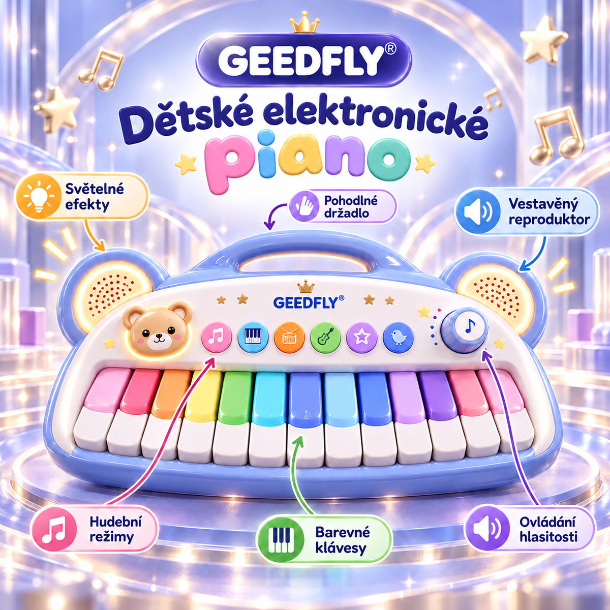 🎹✨ GEEDFLY® MelodyJoy Pro Dětské Elektronické Piano – Interaktivní Hudební Hračka pro Děti s Barevnými Klávesami, Zvuky Nástrojů, Světelnými Efekty, Kreativní Zábavou a Rozvojem Hudebních Dovedností 🌟