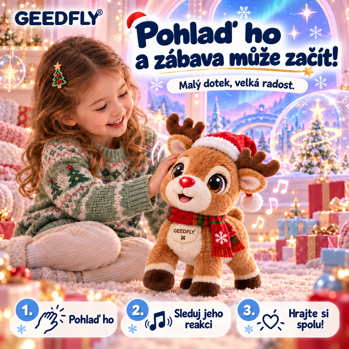 🦌🎄 GEEDFLY® JingleHoof Pro Interaktivní vánoční sob – Roztomilý chodící mazlíček s veselými zvuky, reakcemi na dotek a svátečním oblečkem pro nápadité hraní i jako vánoční dárek 🎁