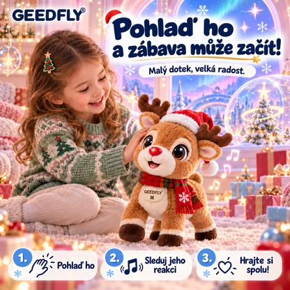 🦌🎄 GEEDFLY® JingleHoof Pro Interaktivní vánoční sob – Roztomilý chodící mazlíček s veselými zvuky, reakcemi na dotek a svátečním oblečkem pro nápadité hraní i jako vánoční dárek 🎁