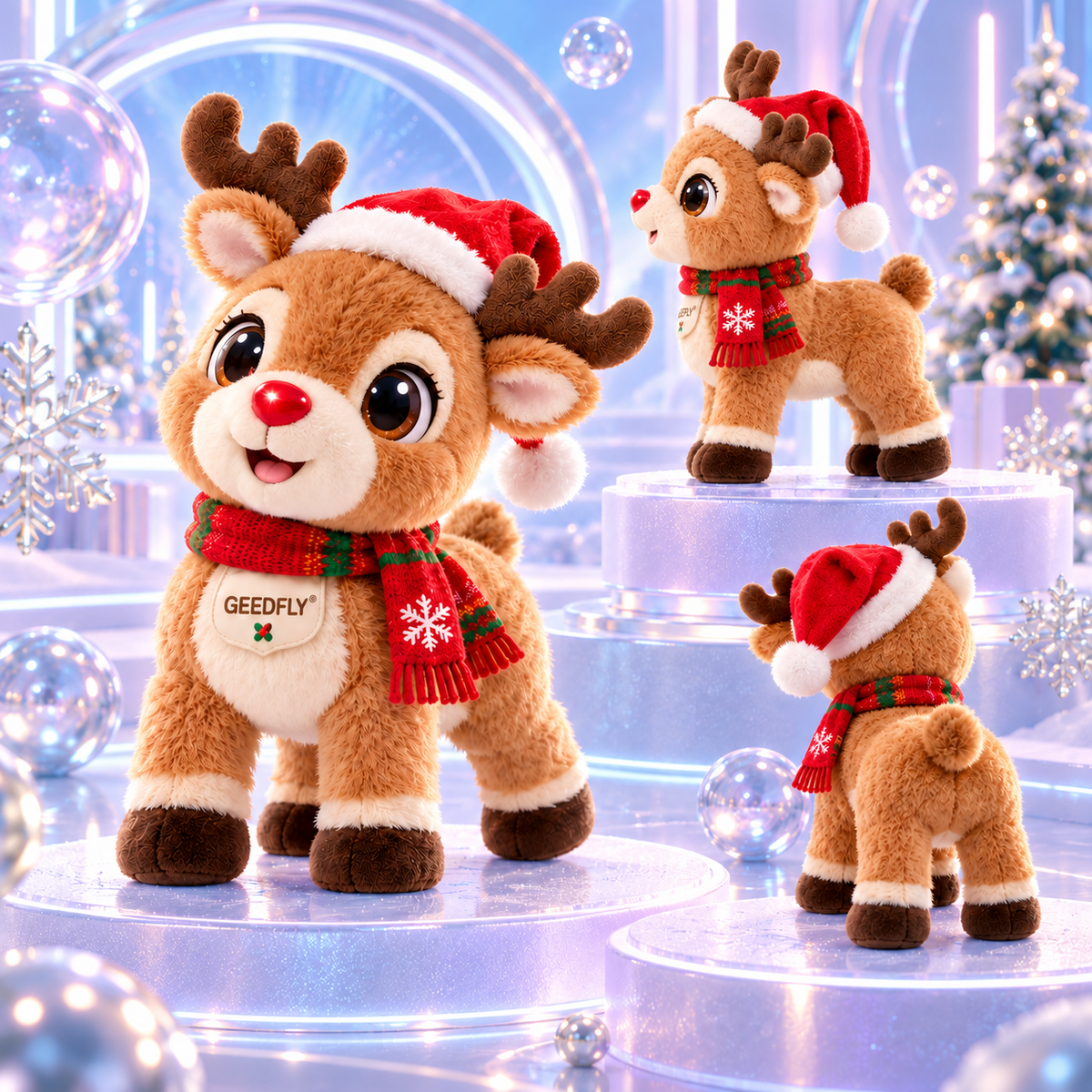 🦌🎄 GEEDFLY® JingleHoof Pro Interaktivní vánoční sob – Roztomilý chodící mazlíček s veselými zvuky, reakcemi na dotek a svátečním oblečkem pro nápadité hraní i jako vánoční dárek 🎁