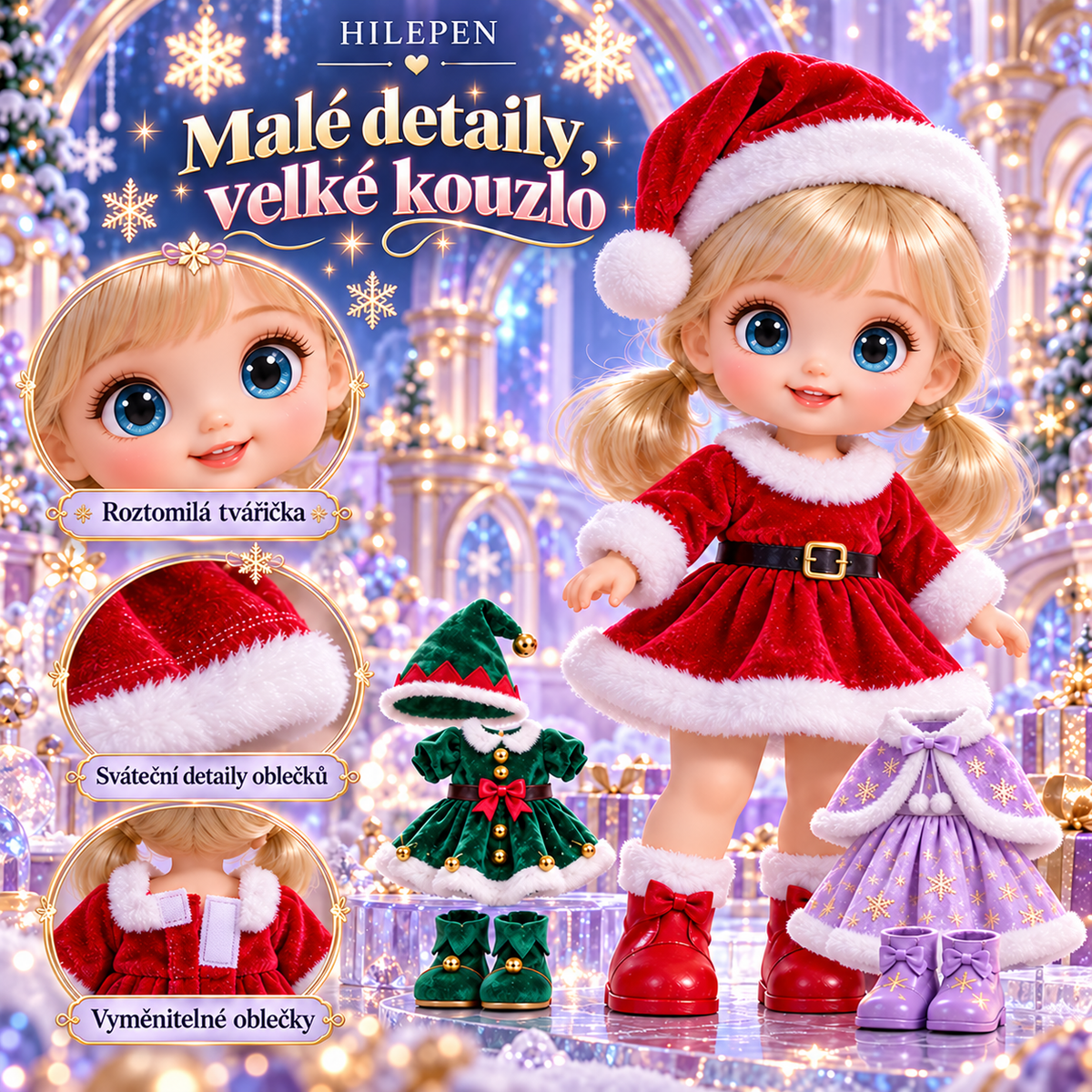 🎀🎄 GEEDFLY® JollyBelle Pro Vánoční sada s mini panenkou na převlékání – Kombinovatelné sváteční oblečky, roztomilé vánoční doplňky a dárek pro děti plný tvořivého hraní 🎁