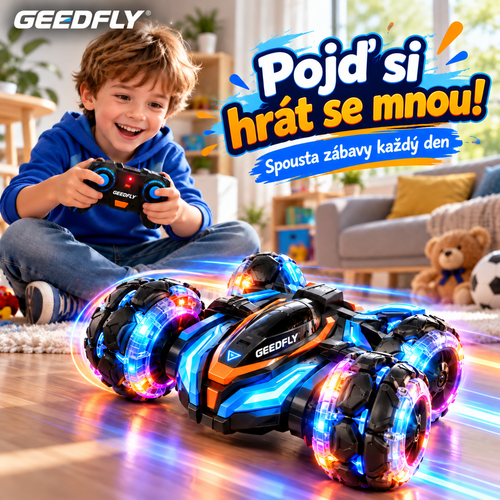🚗✨ GEEDFLY® TurboAir Pro Létající Kaskadérské Auto – Multifunkční dálkově ovládané závodní vozidlo s 360° otočkami, LED světly, vysokou rychlostí, terénní jízdou a zábavnou interaktivní hrou pro děti 🌟