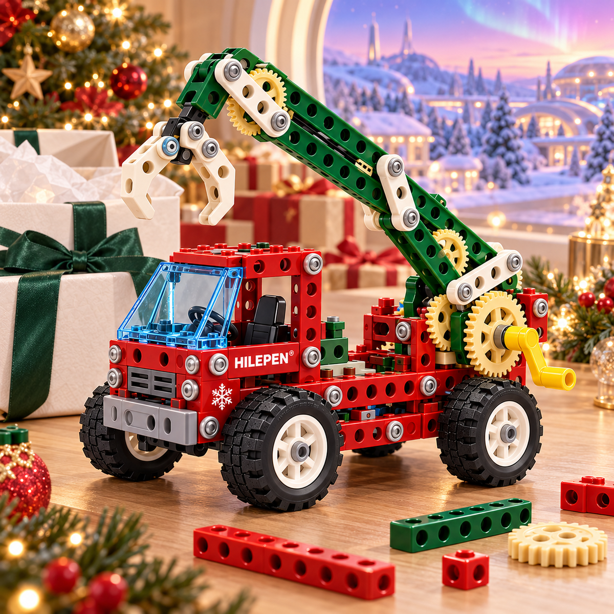 ⚙️🎄 GEEDFLY® FrostGear Pro Vánoční STEM mechanická stavebnice – Ozubená kola, pohyblivé robotické rameno a pojízdné pracovní vozidlo | Sestav, rozhýbej a objevuj kouzlo mechaniky | Pro děti od 6 let 🎁