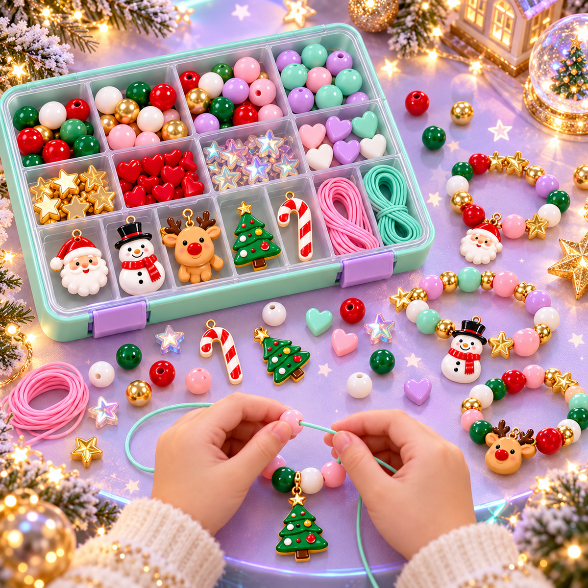 📿🎄 GEEDFLY® NoelBeads Pro Vánoční korálková dílna – Kreativní sada na výrobu náramků a náhrdelníků s barevnými korálky a vánočními přívěsky | Tvořivý dárek pro děti od 5 do 10 let 🎁