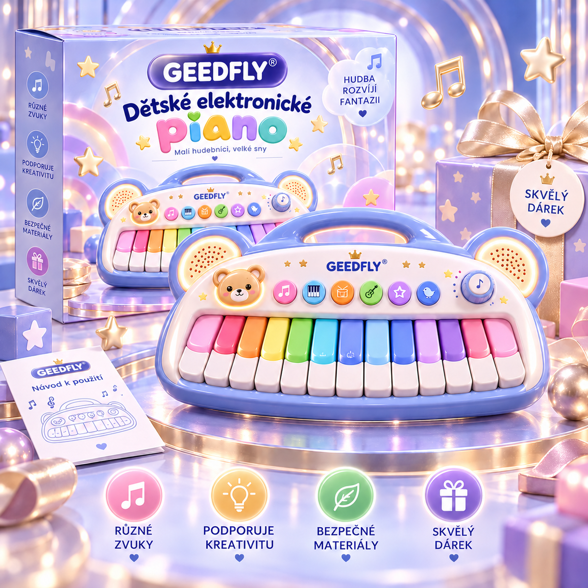 🎹✨ GEEDFLY® MelodyJoy Pro Dětské Elektronické Piano – Interaktivní Hudební Hračka pro Děti s Barevnými Klávesami, Zvuky Nástrojů, Světelnými Efekty, Kreativní Zábavou a Rozvojem Hudebních Dovedností 🌟