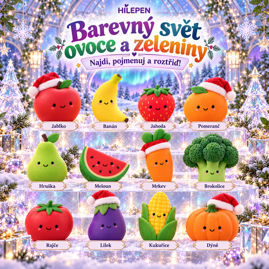 🎄🍓 GEEDFLY® JollyHarvest Pro – Vánoční sada mačkacích hraček ve tvaru ovoce a zeleniny | Veselé poznávání názvů, barev a tvarů při hraní | Hravý dárek pro malé objevitele 🥕🎁