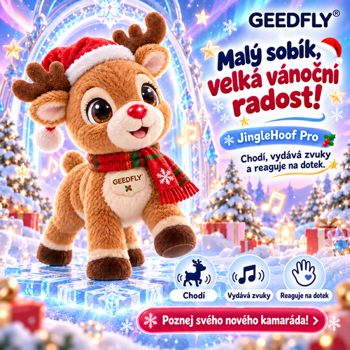 🦌🎄 GEEDFLY® JingleHoof Pro Interaktivní vánoční sob – Roztomilý chodící mazlíček s veselými zvuky, reakcemi na dotek a svátečním oblečkem pro nápadité hraní i jako vánoční dárek 🎁