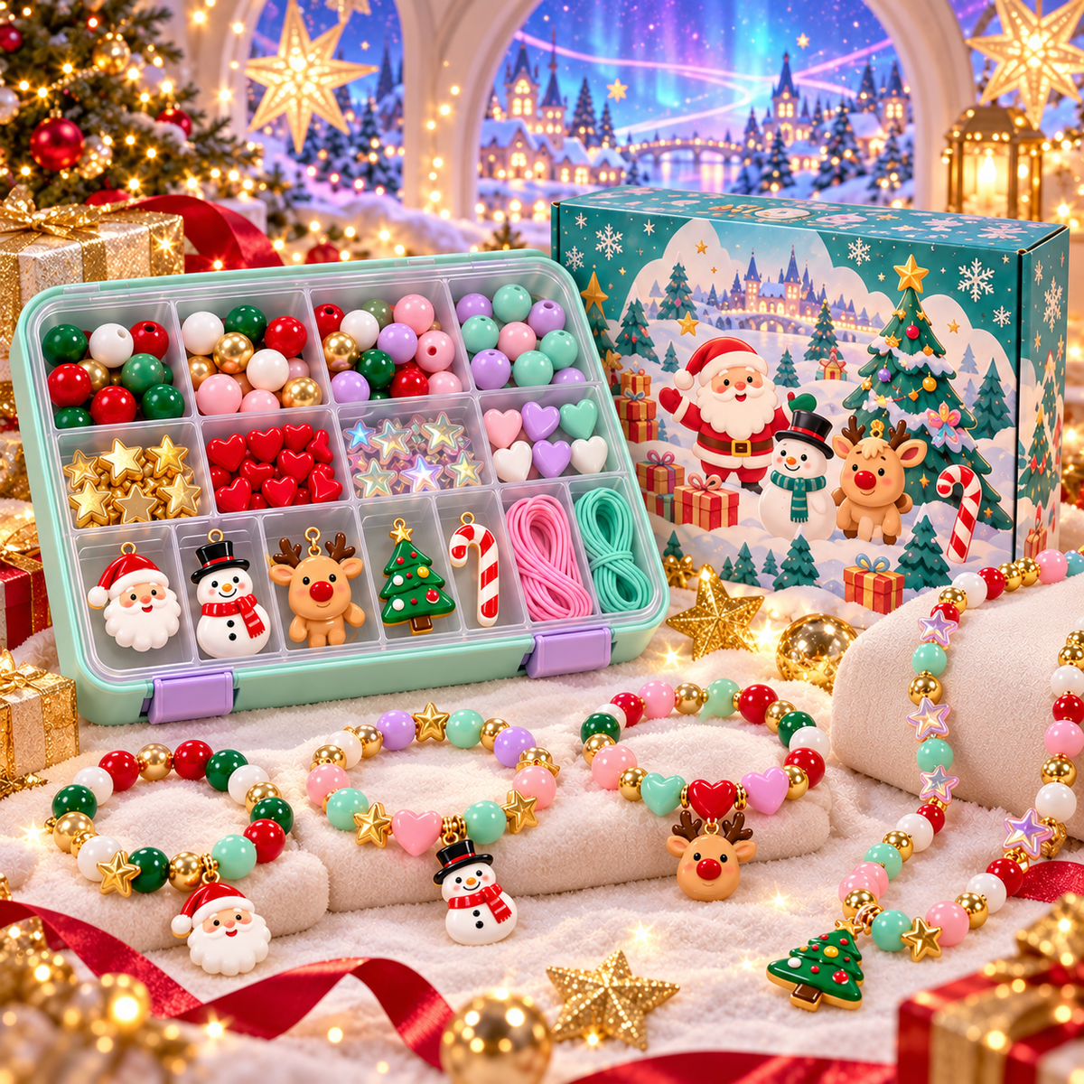 📿🎄 GEEDFLY® NoelBeads Pro Vánoční korálková dílna – Kreativní sada na výrobu náramků a náhrdelníků s barevnými korálky a vánočními přívěsky | Tvořivý dárek pro děti od 5 do 10 let 🎁