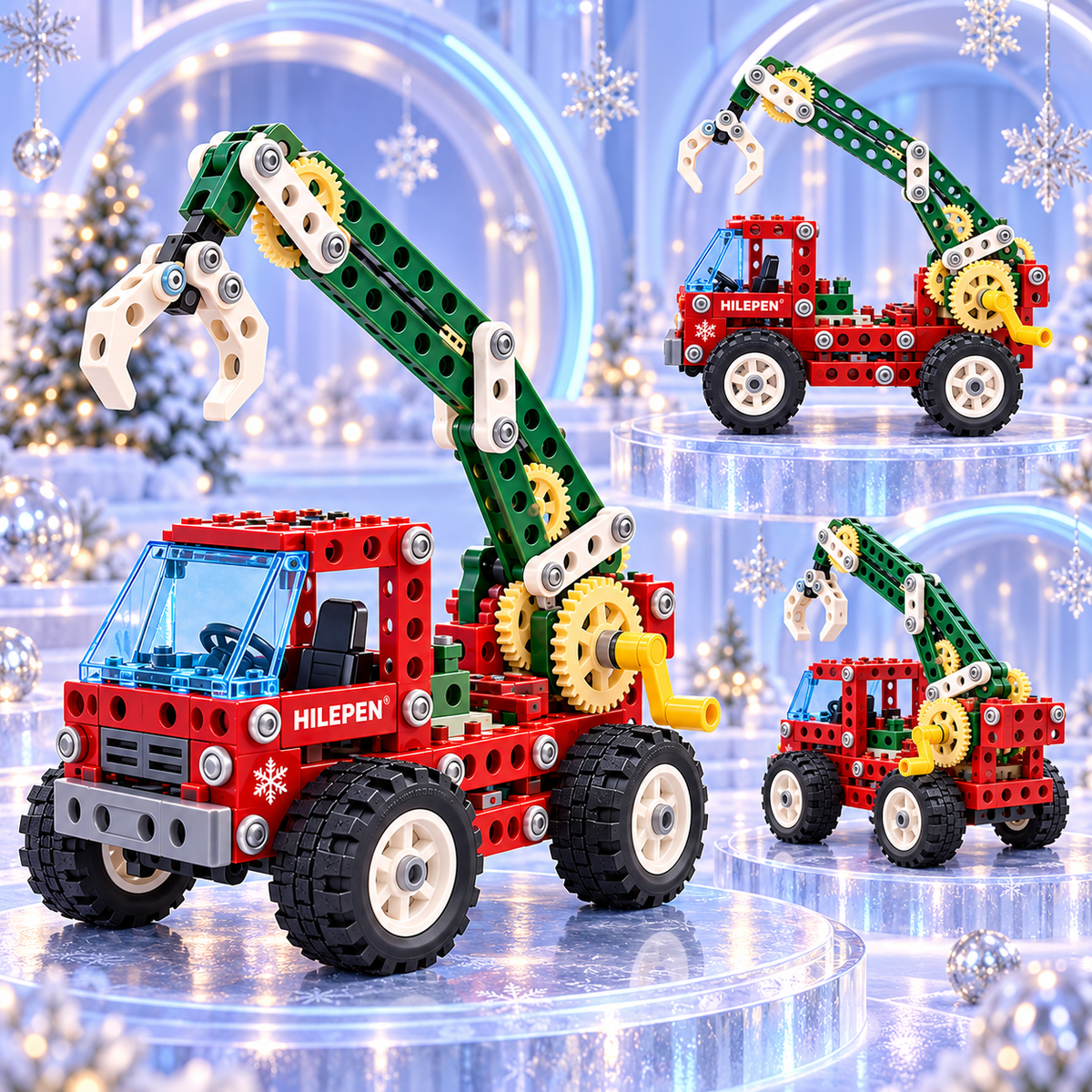 ⚙️🎄 GEEDFLY® FrostGear Pro Vánoční STEM mechanická stavebnice – Ozubená kola, pohyblivé robotické rameno a pojízdné pracovní vozidlo | Sestav, rozhýbej a objevuj kouzlo mechaniky | Pro děti od 6 let 🎁