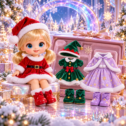 🎀🎄 GEEDFLY® JollyBelle Pro Vánoční sada s mini panenkou na převlékání – Kombinovatelné sváteční oblečky, roztomilé vánoční doplňky a dárek pro děti plný tvořivého hraní 🎁