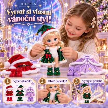 🎀🎄 GEEDFLY® JollyBelle Pro Vánoční sada s mini panenkou na převlékání – Kombinovatelné sváteční oblečky, roztomilé vánoční doplňky a dárek pro děti plný tvořivého hraní 🎁