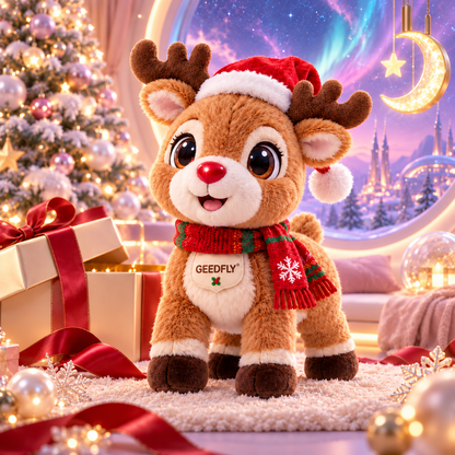 🦌🎄 GEEDFLY® JingleHoof Pro Interaktivní vánoční sob – Roztomilý chodící mazlíček s veselými zvuky, reakcemi na dotek a svátečním oblečkem pro nápadité hraní i jako vánoční dárek 🎁