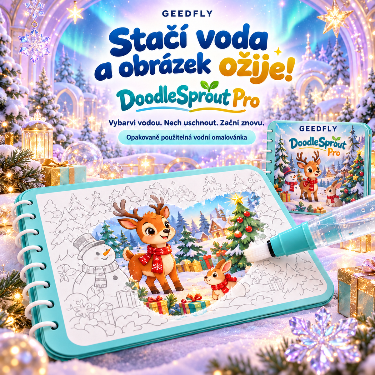 🎨✨ GEEDFLY® DoodleSprout Pro Opakovaně použitelná vodní omalovánka – Kreativní hračka pro děti s obrázky, které se vybarvují vodou, a opakovaně použitelnými stránkami pro tvoření, zábavu na cestách i každodenní hraní 🌟
