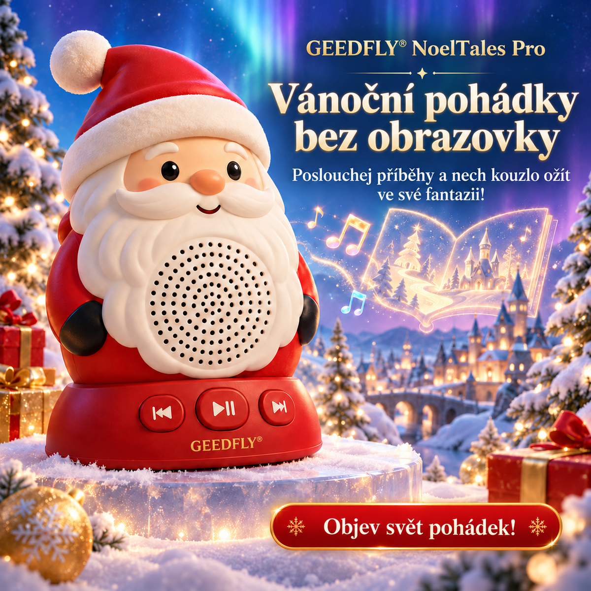 🎅📖 GEEDFLY® NoelTales Pro Vánoční přehrávač pohádek – Zvuková hračka bez obrazovky s kouzelným designem Santy pro příjemný poslech pohádek před spaním, rozvíjení fantazie a kouzelné sváteční chvíle 🎄🎁