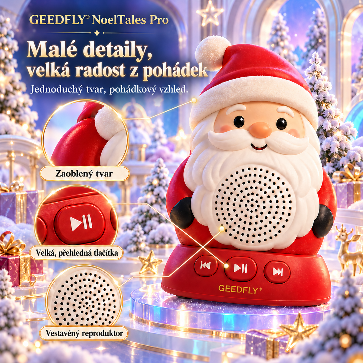 🎅📖 GEEDFLY® NoelTales Pro Vánoční přehrávač pohádek – Zvuková hračka bez obrazovky s kouzelným designem Santy pro příjemný poslech pohádek před spaním, rozvíjení fantazie a kouzelné sváteční chvíle 🎄🎁