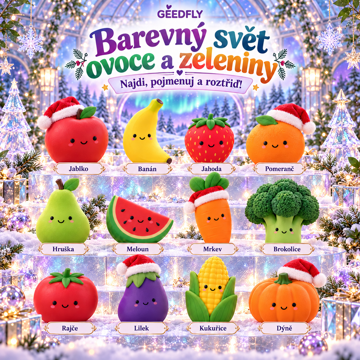 🎄🍓 GEEDFLY® JollyHarvest Pro – Vánoční sada mačkacích hraček ve tvaru ovoce a zeleniny | Veselé poznávání názvů, barev a tvarů při hraní | Hravý dárek pro malé objevitele 🥕🎁