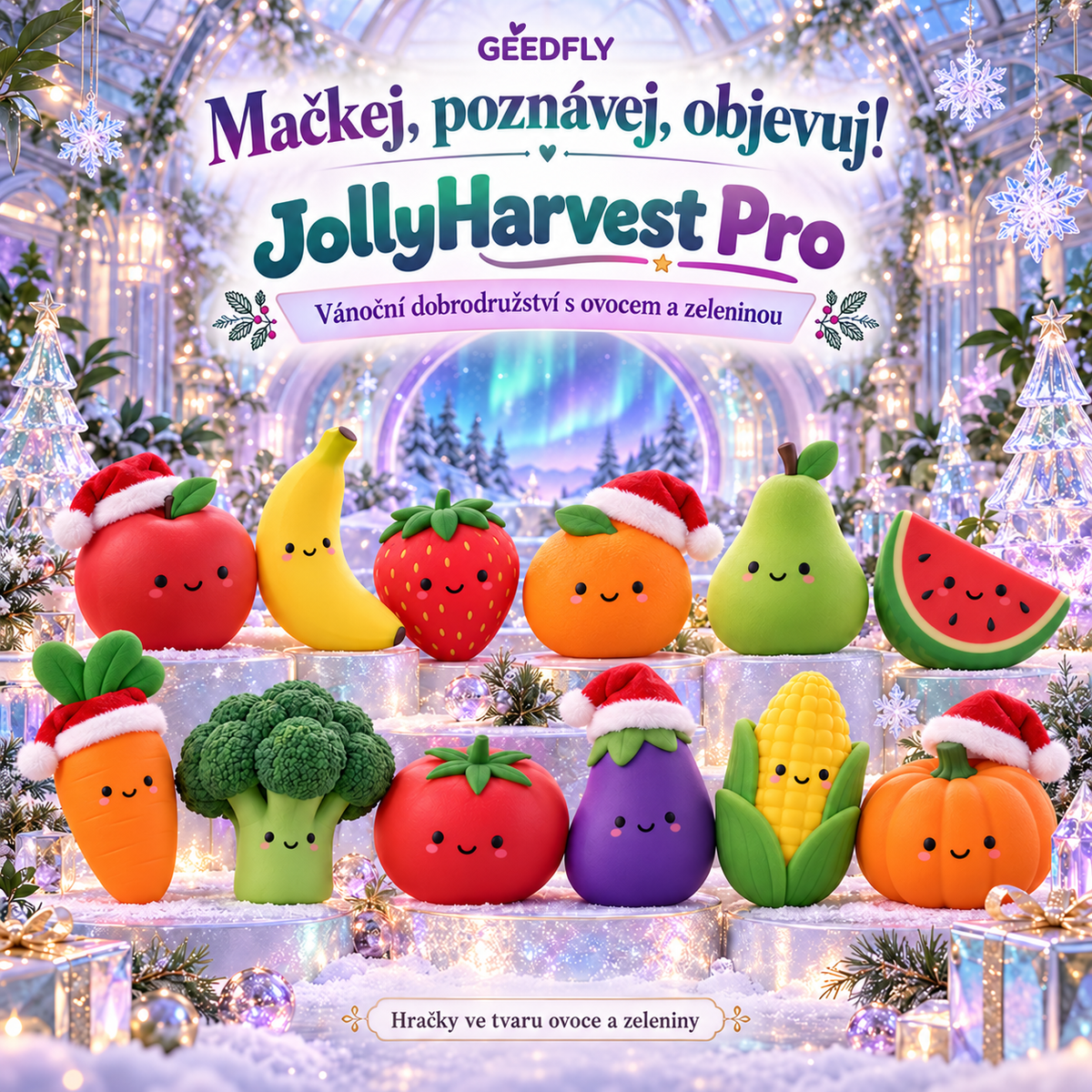 🎄🍓 GEEDFLY® JollyHarvest Pro – Vánoční sada mačkacích hraček ve tvaru ovoce a zeleniny | Veselé poznávání názvů, barev a tvarů při hraní | Hravý dárek pro malé objevitele 🥕🎁