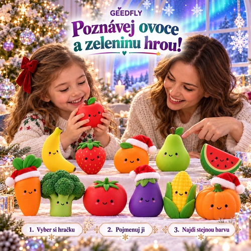 🎄🍓 GEEDFLY® JollyHarvest Pro – Vánoční sada mačkacích hraček ve tvaru ovoce a zeleniny | Veselé poznávání názvů, barev a tvarů při hraní | Hravý dárek pro malé objevitele 🥕🎁
