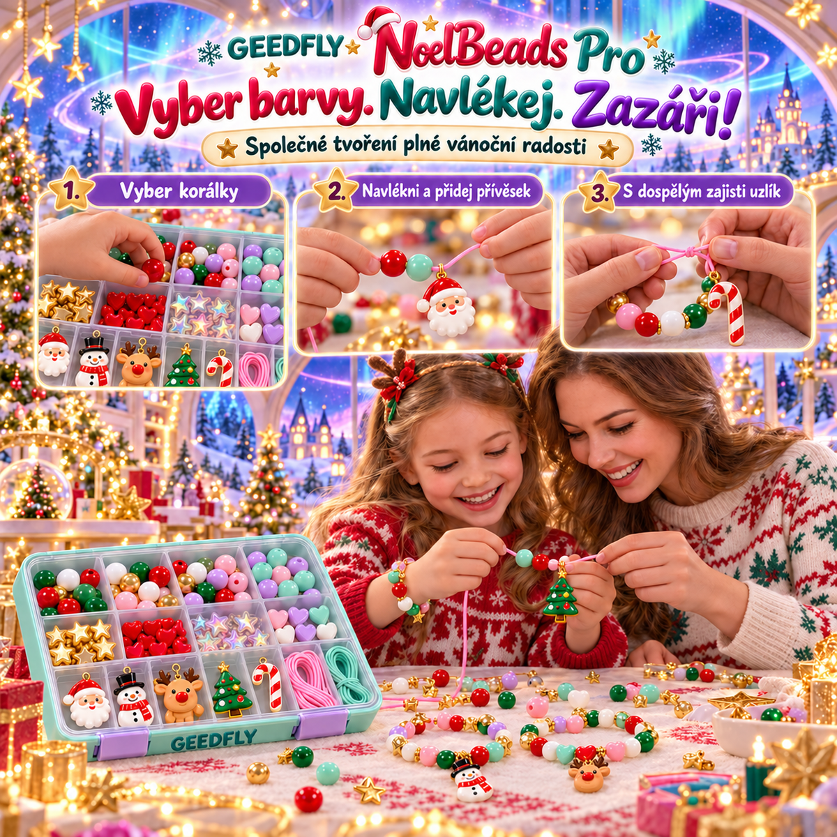 📿🎄 GEEDFLY® NoelBeads Pro Vánoční korálková dílna – Kreativní sada na výrobu náramků a náhrdelníků s barevnými korálky a vánočními přívěsky | Tvořivý dárek pro děti od 5 do 10 let 🎁