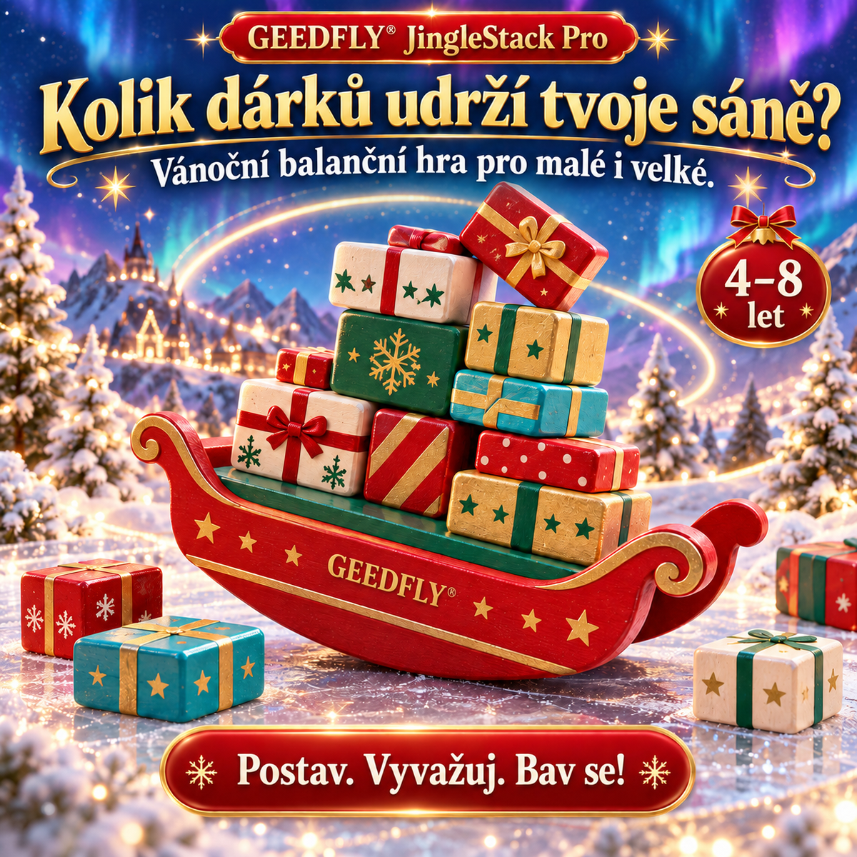 🎄🎲 GEEDFLY® JingleStack Pro Vánoční balanční hra pro celou rodinu – Veselé skládání dárků, napínavé souboje a nečekané pády | Stolní hra pro děti od 4 do 8 let a rodiče 🎁