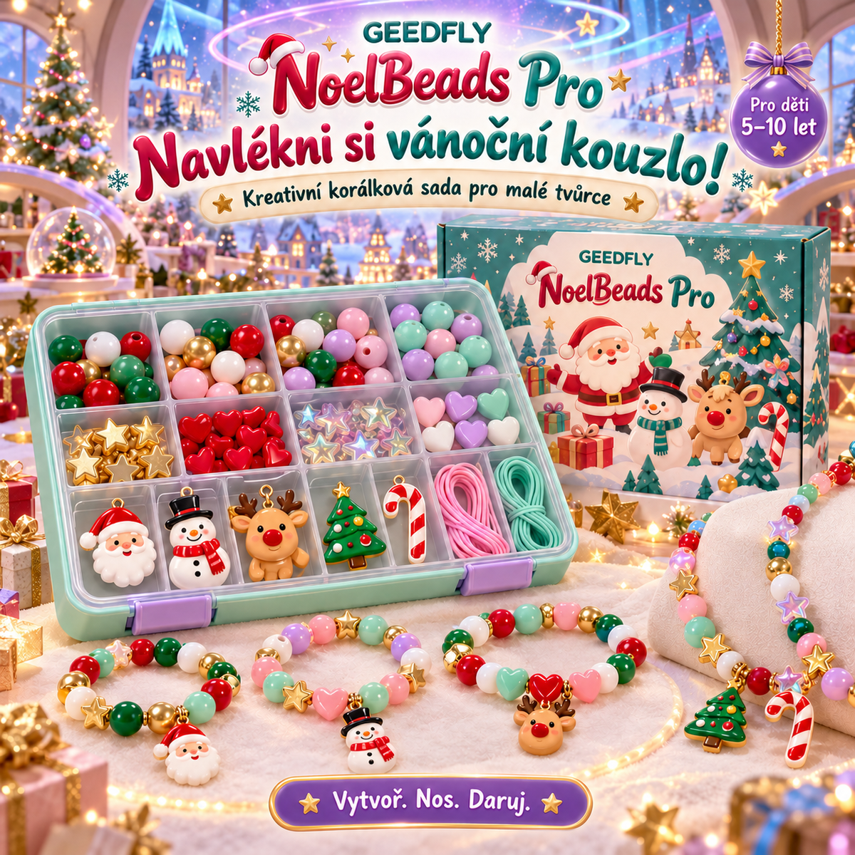 📿🎄 GEEDFLY® NoelBeads Pro Vánoční korálková dílna – Kreativní sada na výrobu náramků a náhrdelníků s barevnými korálky a vánočními přívěsky | Tvořivý dárek pro děti od 5 do 10 let 🎁