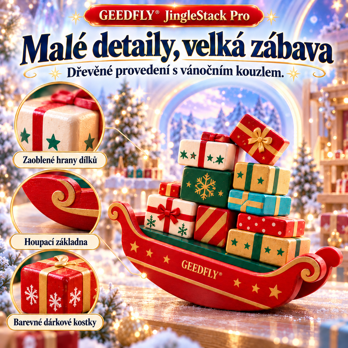 🎄🎲 GEEDFLY® JingleStack Pro Vánoční balanční hra pro celou rodinu – Veselé skládání dárků, napínavé souboje a nečekané pády | Stolní hra pro děti od 4 do 8 let a rodiče 🎁