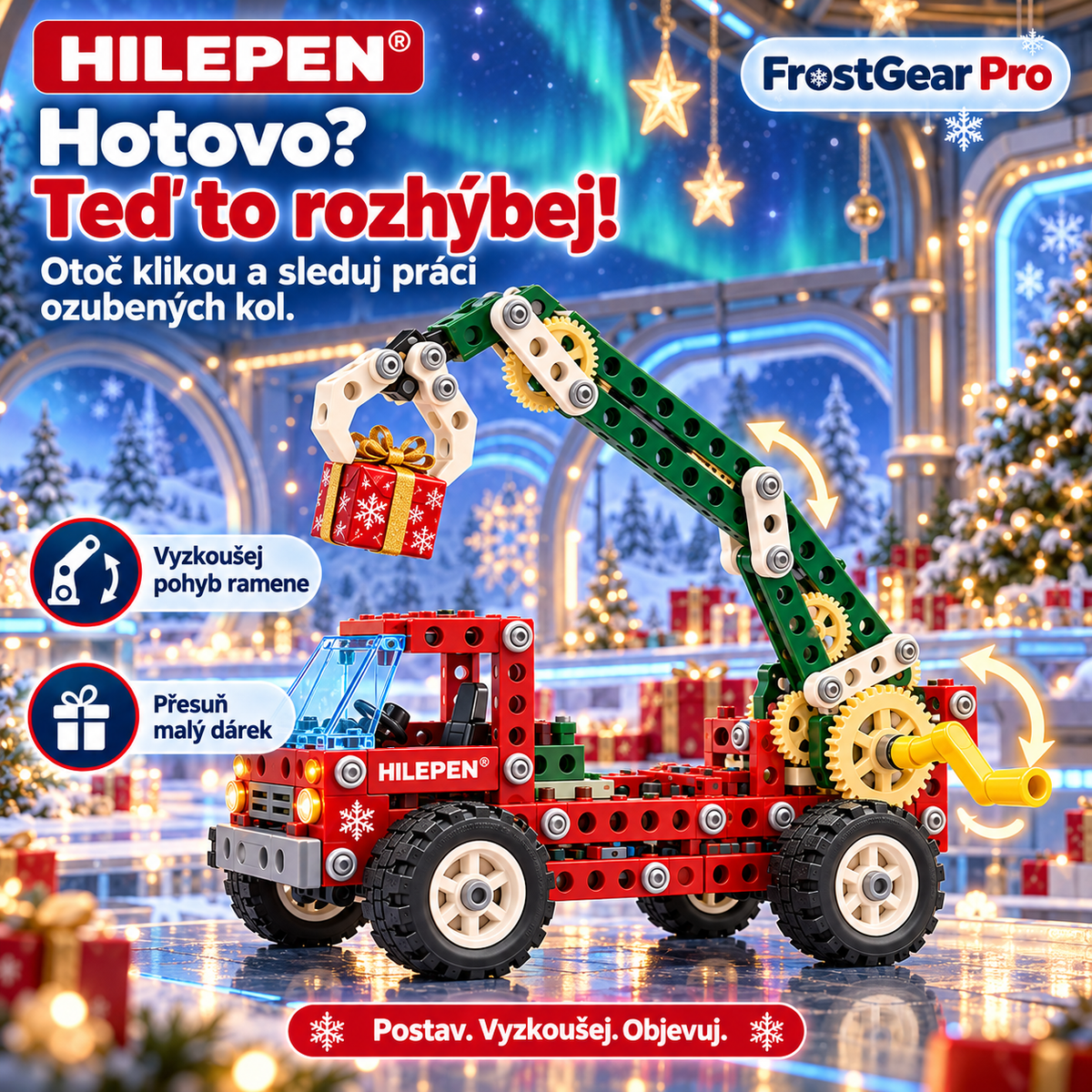 ⚙️🎄 GEEDFLY® FrostGear Pro Vánoční STEM mechanická stavebnice – Ozubená kola, pohyblivé robotické rameno a pojízdné pracovní vozidlo | Sestav, rozhýbej a objevuj kouzlo mechaniky | Pro děti od 6 let 🎁