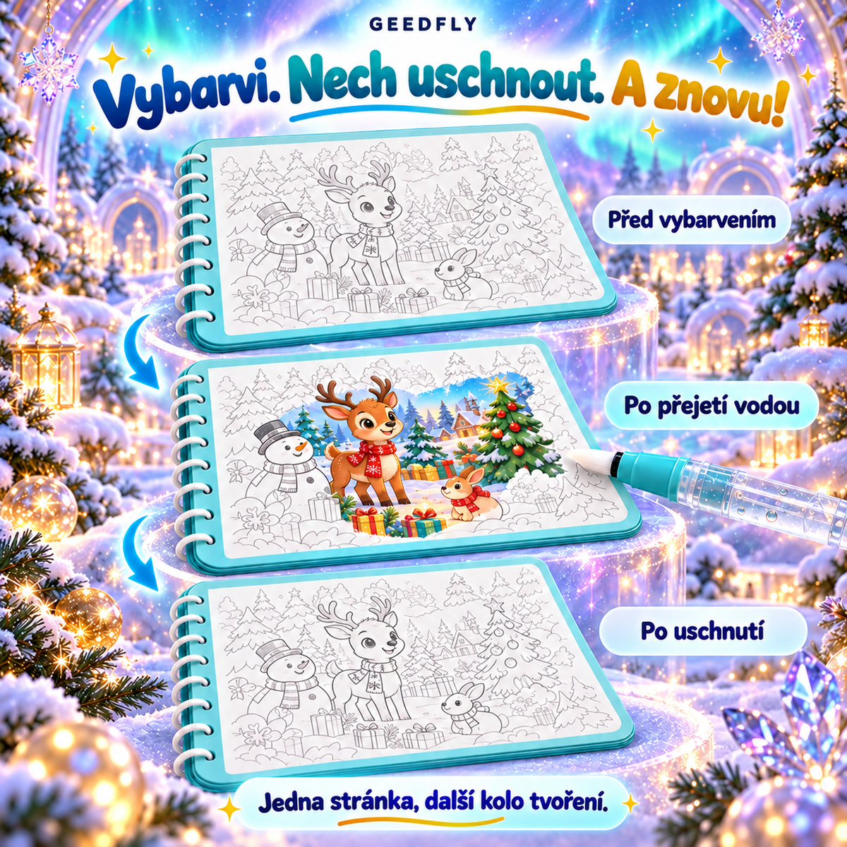 🎨✨ GEEDFLY® DoodleSprout Pro Opakovaně použitelná vodní omalovánka – Kreativní hračka pro děti s obrázky, které se vybarvují vodou, a opakovaně použitelnými stránkami pro tvoření, zábavu na cestách i každodenní hraní 🌟