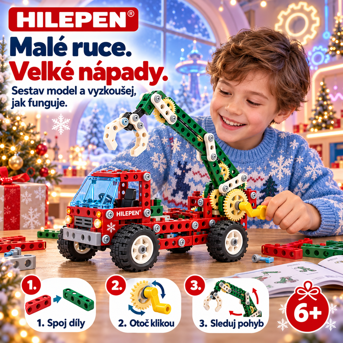 ⚙️🎄 GEEDFLY® FrostGear Pro Vánoční STEM mechanická stavebnice – Ozubená kola, pohyblivé robotické rameno a pojízdné pracovní vozidlo | Sestav, rozhýbej a objevuj kouzlo mechaniky | Pro děti od 6 let 🎁