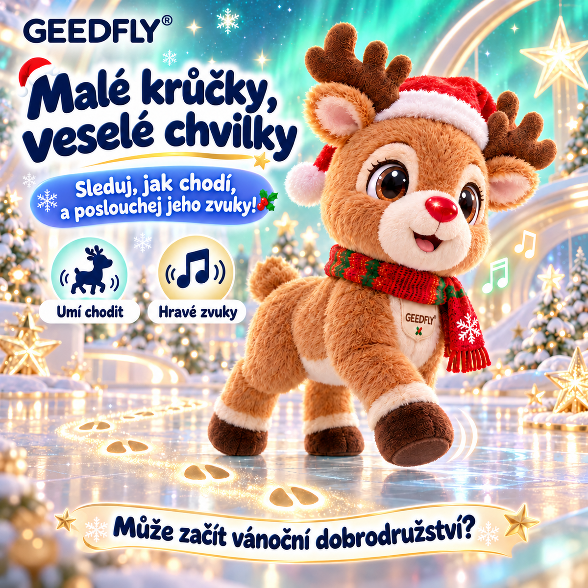 🦌🎄 GEEDFLY® JingleHoof Pro Interaktivní vánoční sob – Roztomilý chodící mazlíček s veselými zvuky, reakcemi na dotek a svátečním oblečkem pro nápadité hraní i jako vánoční dárek 🎁